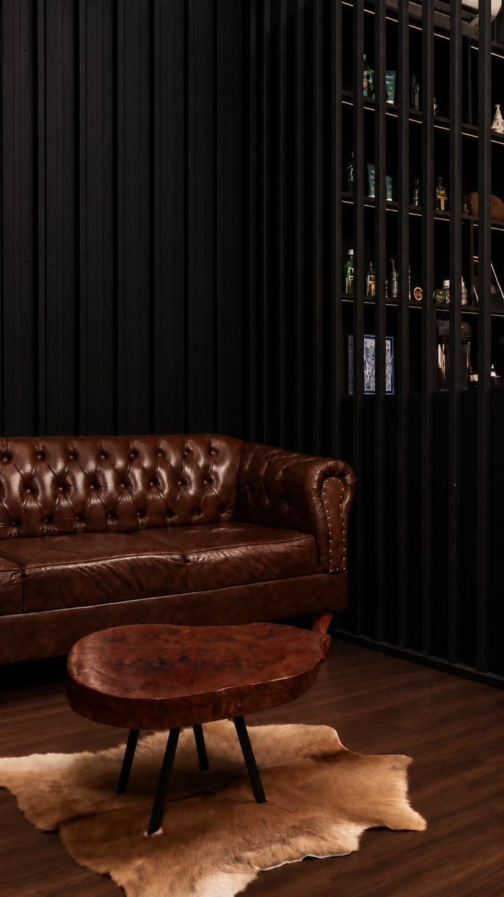 Lounge com sofá chesterfield de couro, mesa de tronco e tapete